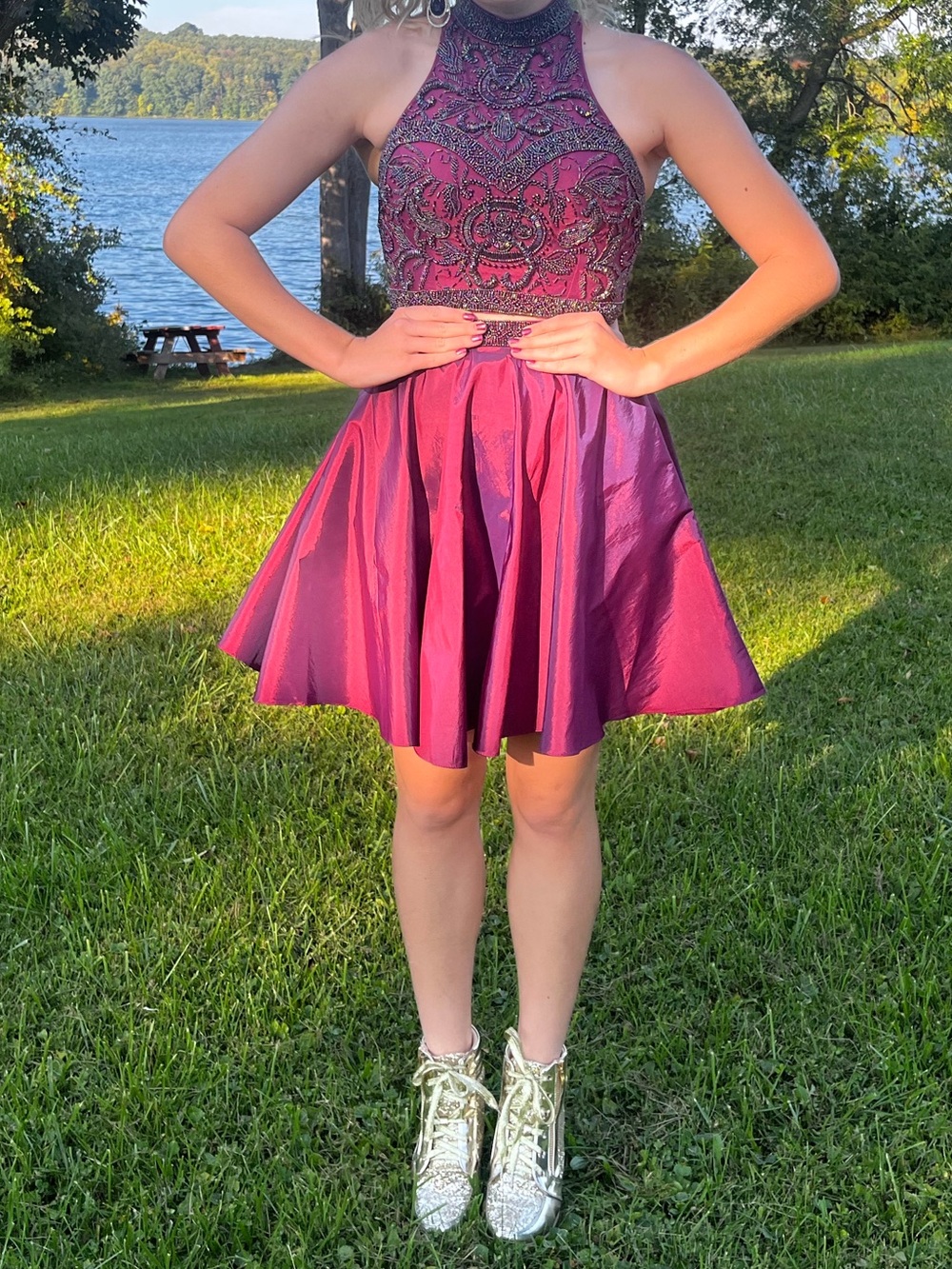 Sherri Hill Purple/Magenta/Burgundy/Maroon/Purple Two Piece Homecoming Dress